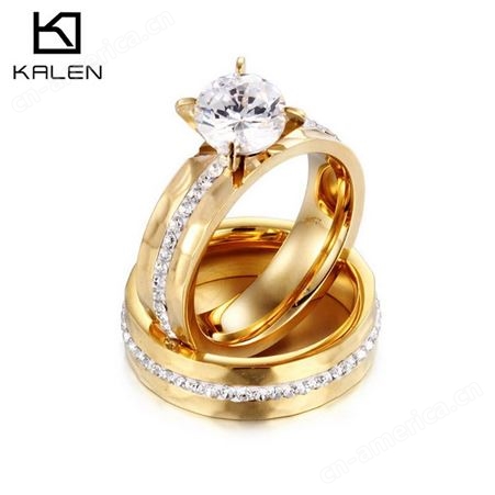 厂家货源韩版时尚钛钢金色情侣戒指一对男女镶钻对戒指钛钢钻戒