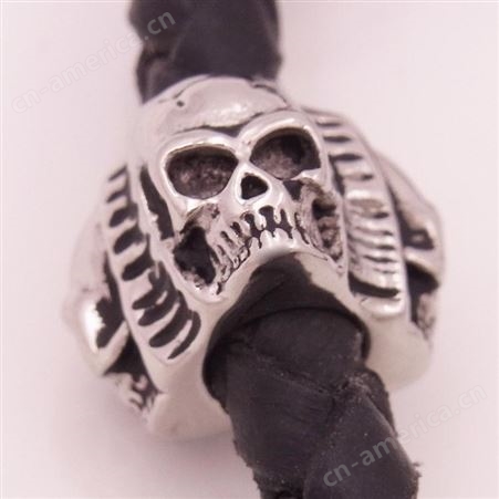 不锈钢钛骷髅头手镯 街舞嘻哈风格PU编织皮绳 手环饰品批发厂
