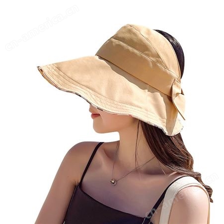新款夏季女士无顶透气户外遮阳防晒大沿太阳帽折叠蝴蝶结空顶帽子