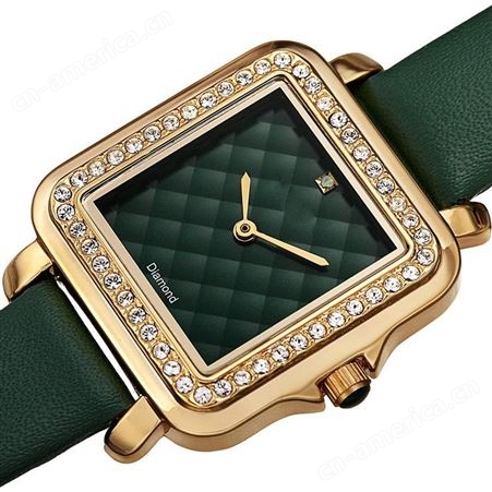 国美时 流行小绿表 网红爆款手表 玫瑰金手表 小香风菱格表盘 方壳镶钻圈口 轻奢风女士手表